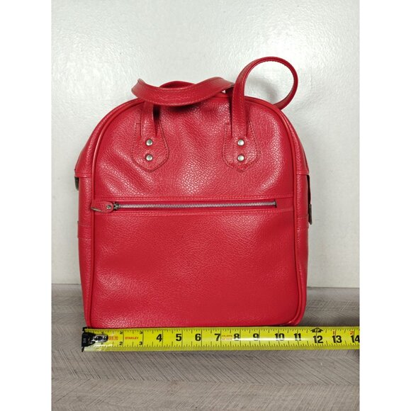 Vintage Red Leather Retro Bowling Bag Travel Carry On Dual Handle Zipper Closure - Picture 11 of 11